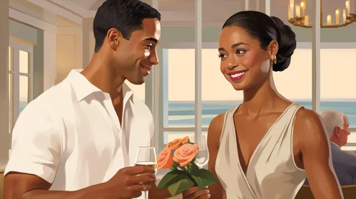 Romantic Couple Portrait in Room with Champagne and Roses