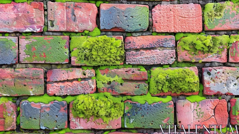 Textured Brick Wall with Green Moss - Close-up Detail AI Image