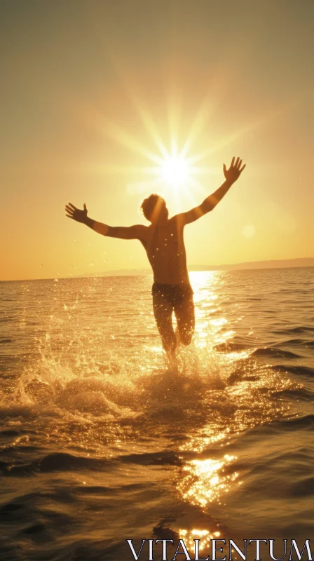 Young Man Enjoying Sunset Sea Run AI Image