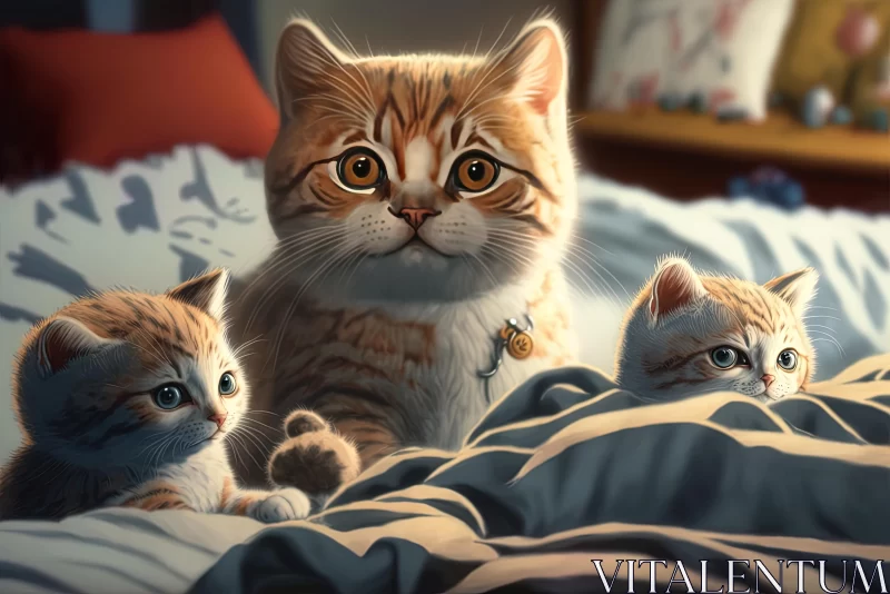 Captivating Illustration of a Cat and Two Kittens on a Bed AI Image