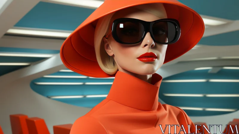Chic Fashion: Blonde Woman in Orange Hat and Sunglasses AI Image