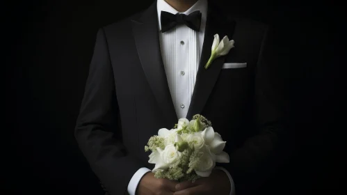 Elegant Man Holding White Flower Bouquet