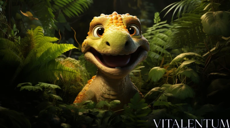 Happy Dinosaur in Lush Jungle AI Image