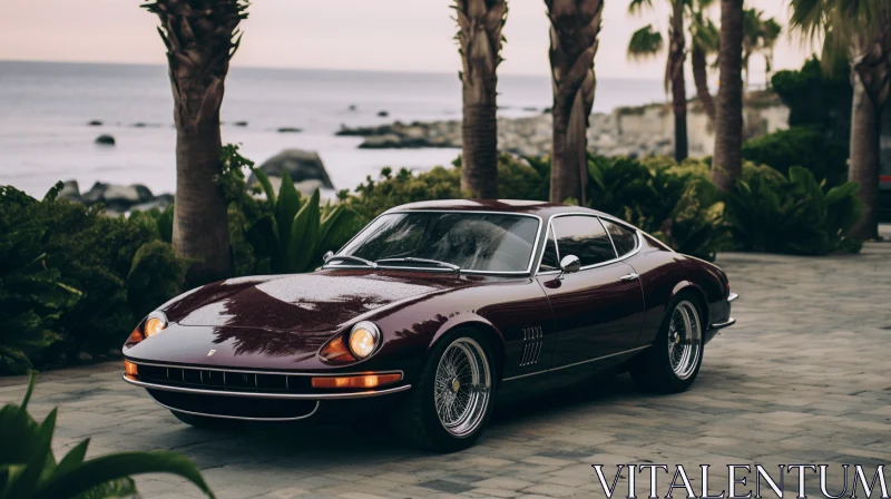 Maroon Sports Car by the Ocean | Golden Age Aesthetics AI Image