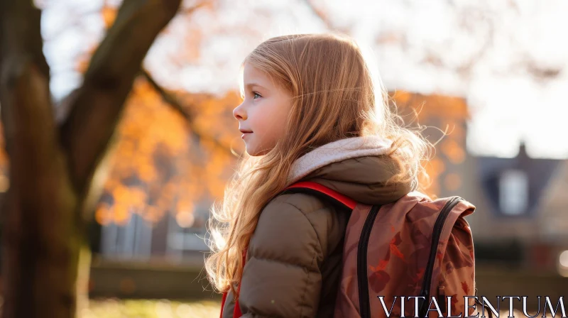 Thoughtful Little Girl in Autumn Back-to-School Scene AI Image