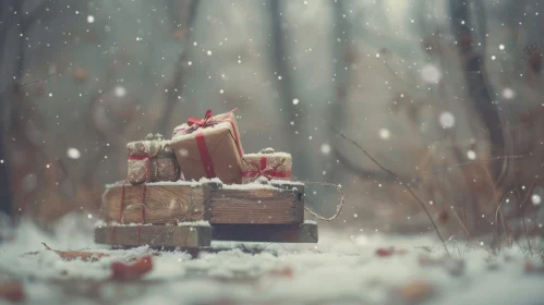 Winter Wonderland: Wooden Sled with Gifts in Snowy Forest