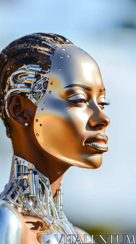 Dark-Skinned Woman in Futuristic Silver Mask AI Image