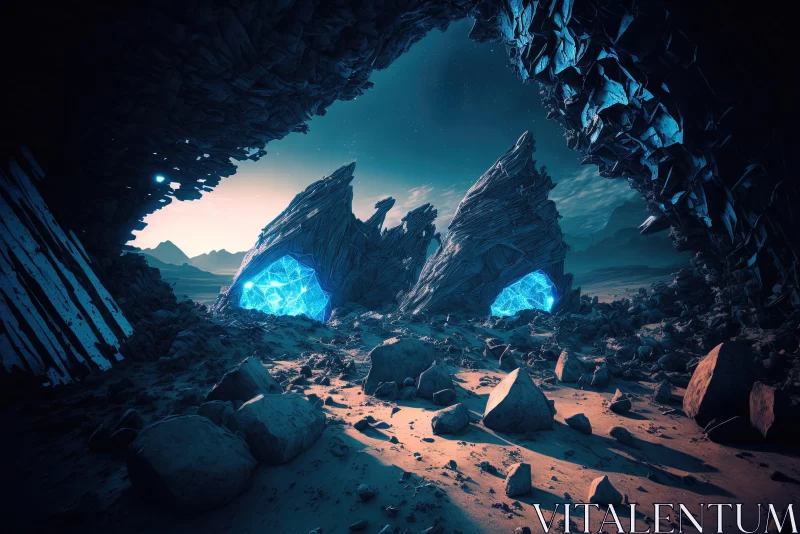 Enigmatic Surrealism: Illuminated Rocky Areas in Blue Lights AI Image