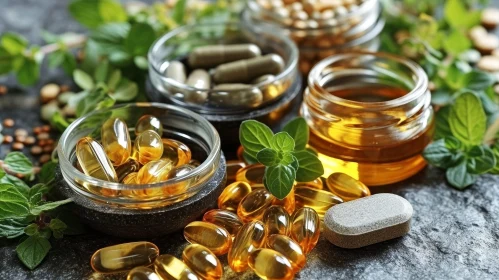 Dietary Supplements Containers: Pills, Oil, Mint Leaves