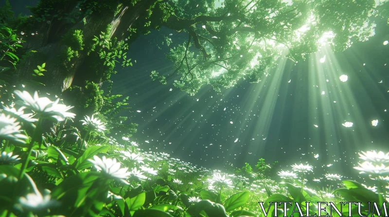 Enchanting 3D Forest Rendering with Sunlight and Flowers AI Image