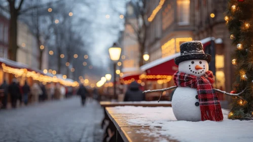 Snowman in Winter Street Scene