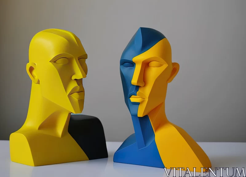 AI ART Blue and Yellow Sculptures with Faces | Polychrome Composition