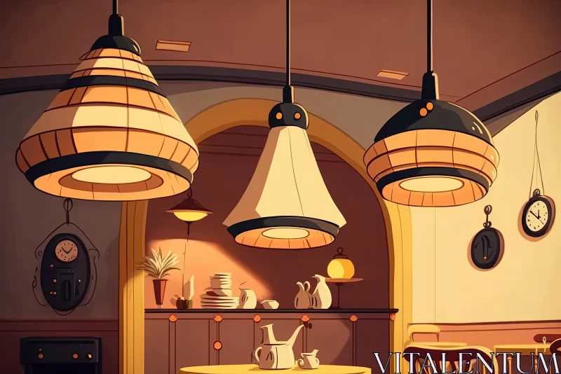 Captivating Cartoon-Style Kitchen Illustration with Lamps | Art Deco Influence AI Image