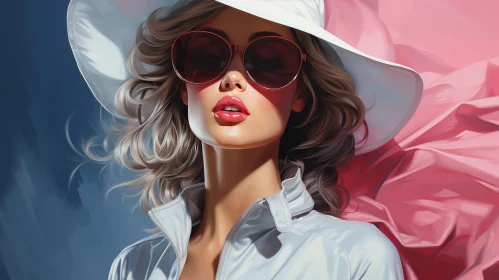 Fashion Portrait of a Young Woman in White Hat and Sunglasses