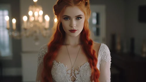 Serious Red-Haired Woman in Lace Dress