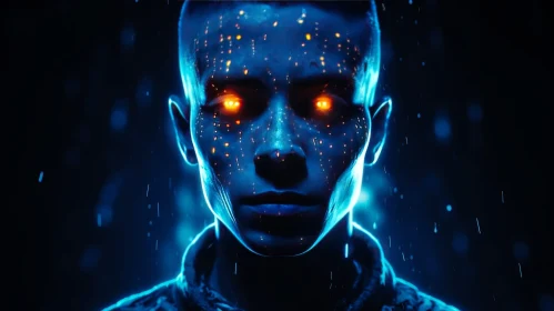 Surreal Portrait of a Man with Glowing Eyes and Blue Face
