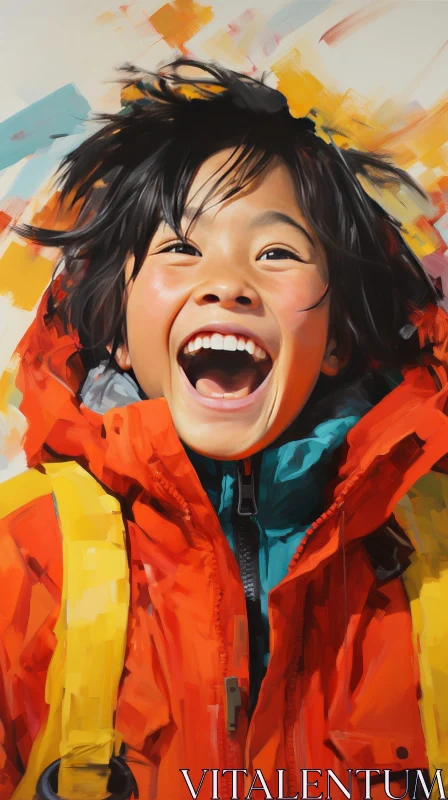 Joyful Young Boy Portrait in Red and Yellow Jacket AI Image