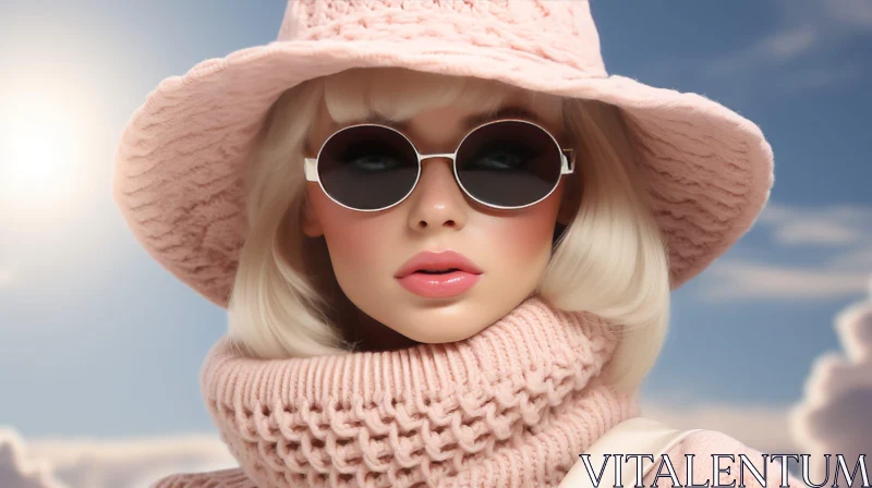 Stylish Woman Portrait in Pink Hat and Sunglasses AI Image