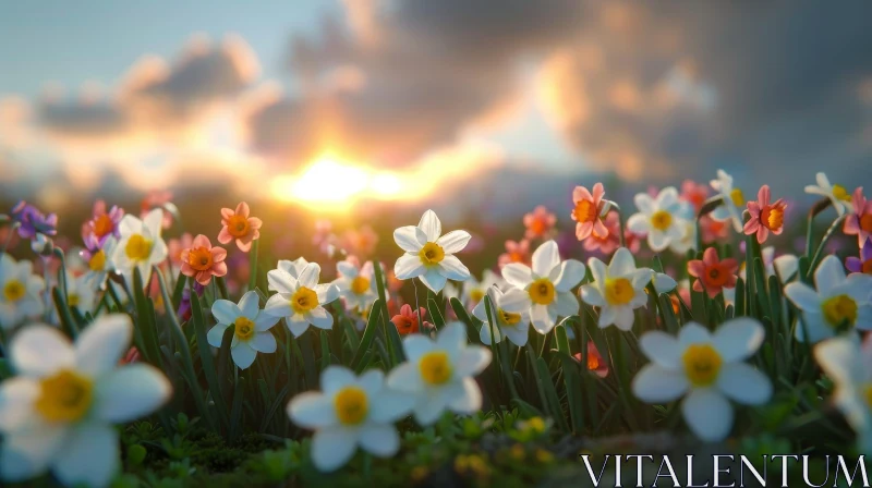 AI ART Sunset Field of Daffodils - Nature's Beauty Captured