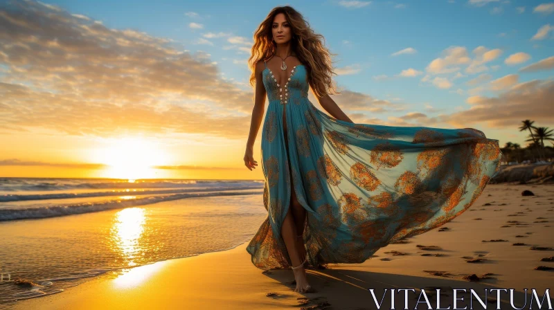 Woman in Blue Dress Walking on Beach at Sunset AI Image