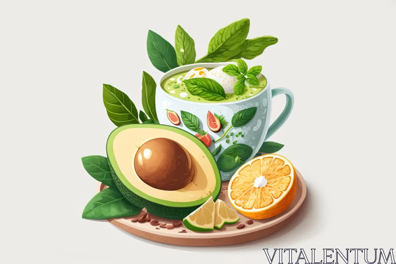 Avocado, Carrot, Lime, and Mint in a Mug - Highly Detailed Illustration AI Image