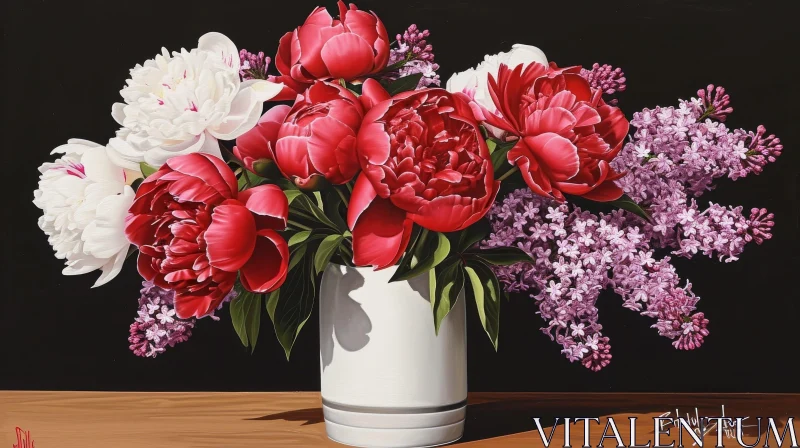 Elegant Still Life: Vase of Peonies and Lilacs on Wooden Table AI Image