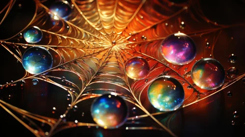 Intricate Spider's Web Art: Golden Thread & Iridescent Bubbles