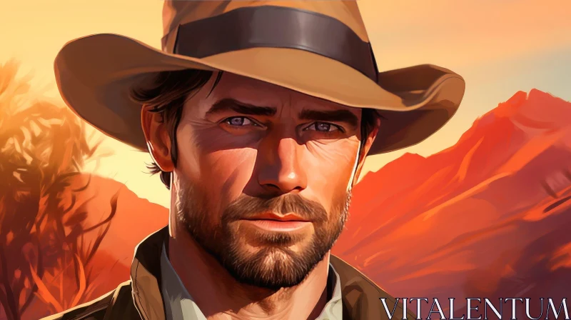 Serious Man in Brown Hat in Desert AI Image