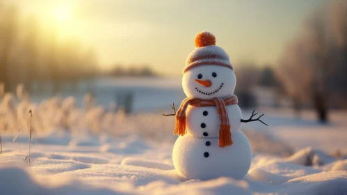 Snowman in Snowy Field at Sunset