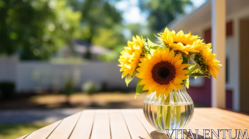 Bright Yellow Sunflowers in Glass Vase on Wooden Table Outdoors AI Image