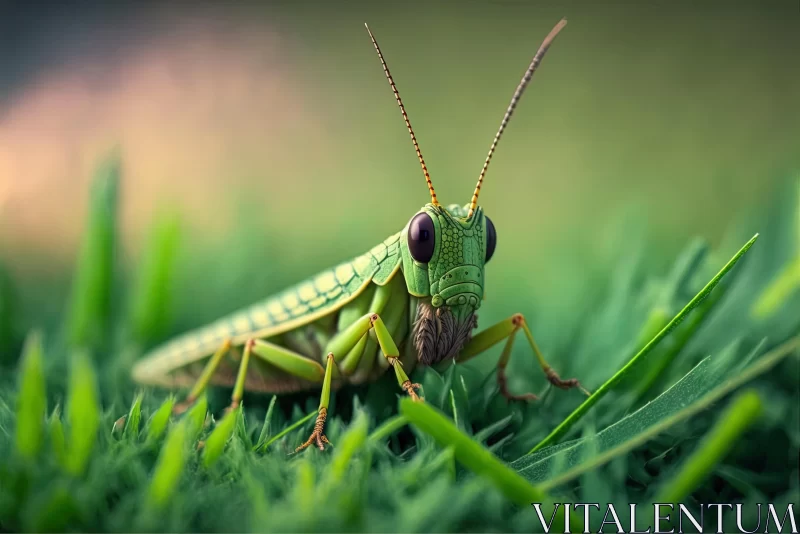 Captivating Green Grasshopper in Vibrant Grass | Photo-Realistic Art AI Image