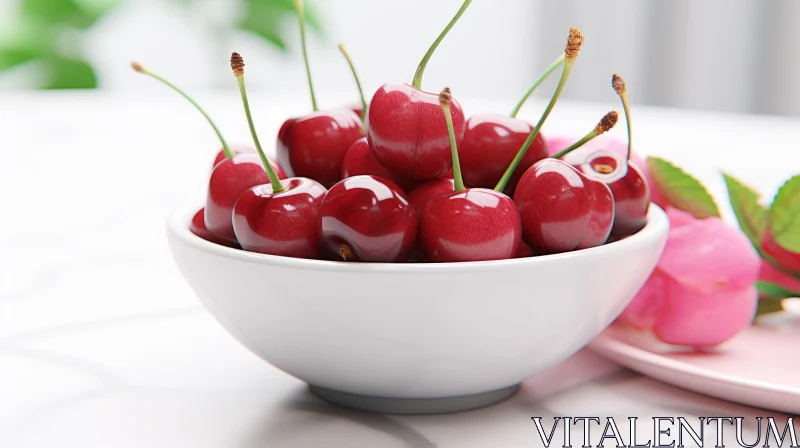 Fresh Cherries on White Marble Table AI Image