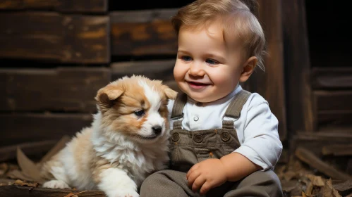 Innocent Joy: Baby Boy and Puppy in Barn