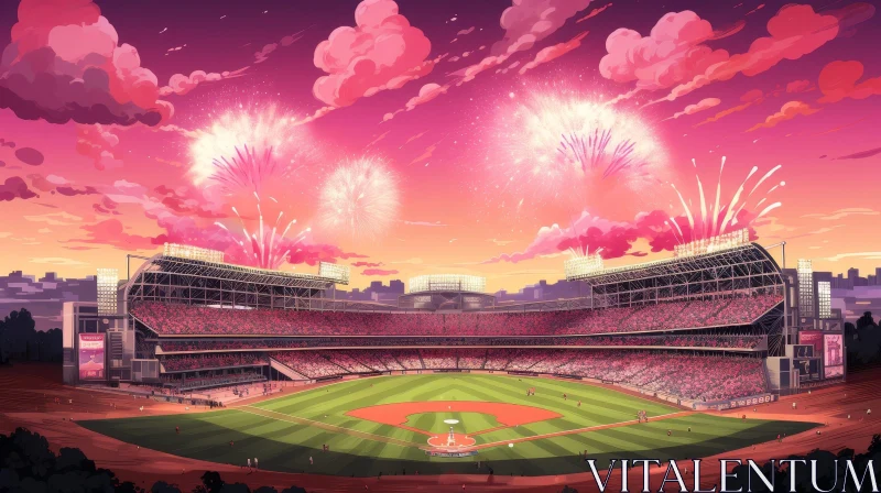 AI ART Night Baseball Stadium Digital Painting with Fireworks