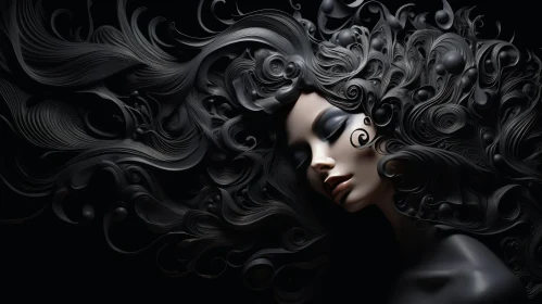 Serene Woman with Long Black Hair in 3D Rendering