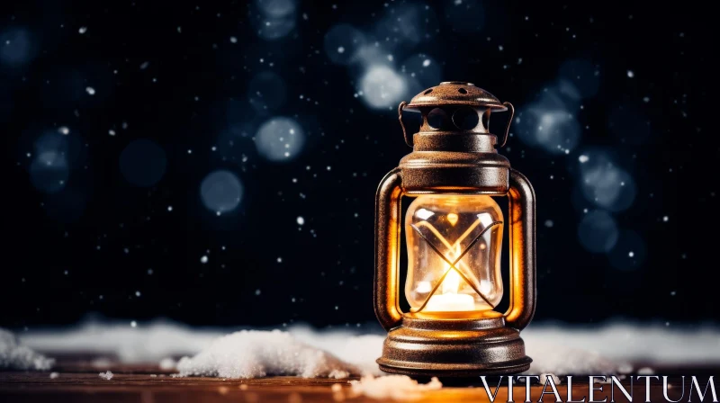 Vintage Lantern with Burning Candle in Snow AI Image