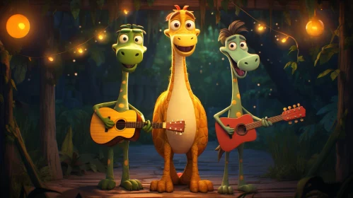 Colorful Dinosaur Musicians in Forest Concert