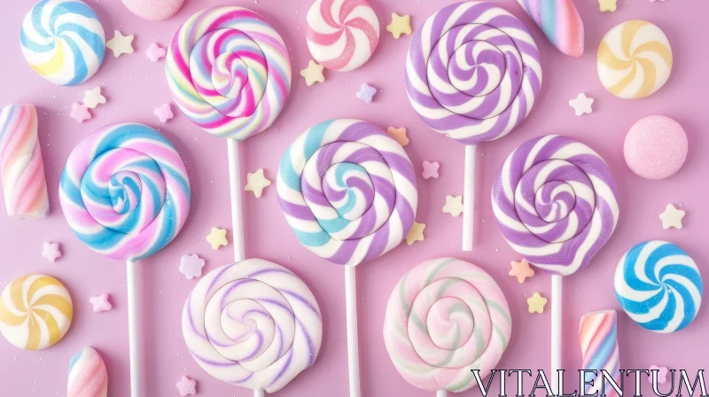 Colorful Lollipops and Marshmallows Flat Lay on Pink Background AI Image