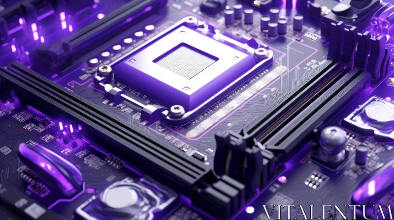 Detailed Computer Motherboard Close-up with Purple Illumination AI Image