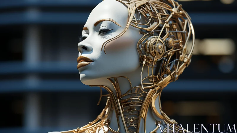 Futuristic Female Cyborg Portrait in Cityscape AI Image