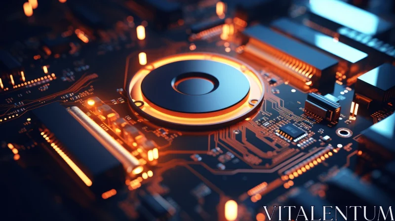 AI ART Glowing Orange Computer Circuit Board Close-Up
