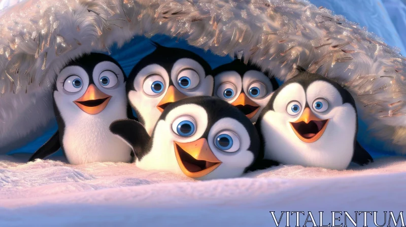 Happy Penguins in Snowy Burrow - Children's Book Illustration AI Image
