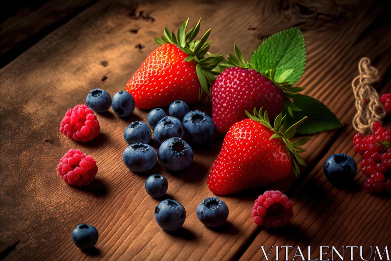 AI ART Vibrant Red Strawberries and Blueberries on Wood Table - Luminous Quality