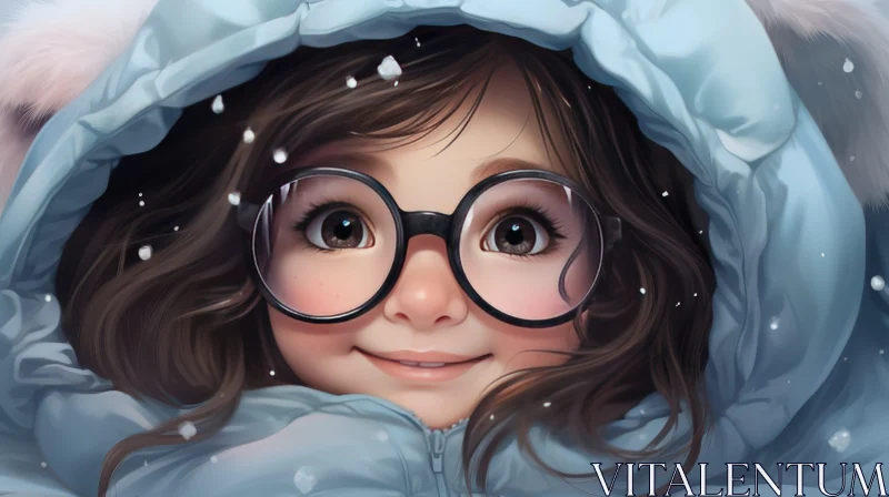 AI ART Winter Portrait of Smiling Girl in Blue Coat