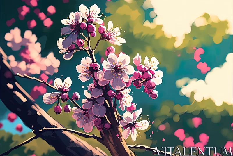Anime Flower Wallpaper - Pink Blossoms on Tree Branch AI Image
