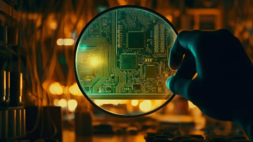 Close-up Technology: Person with Magnifying Glass on Green Circuit Board