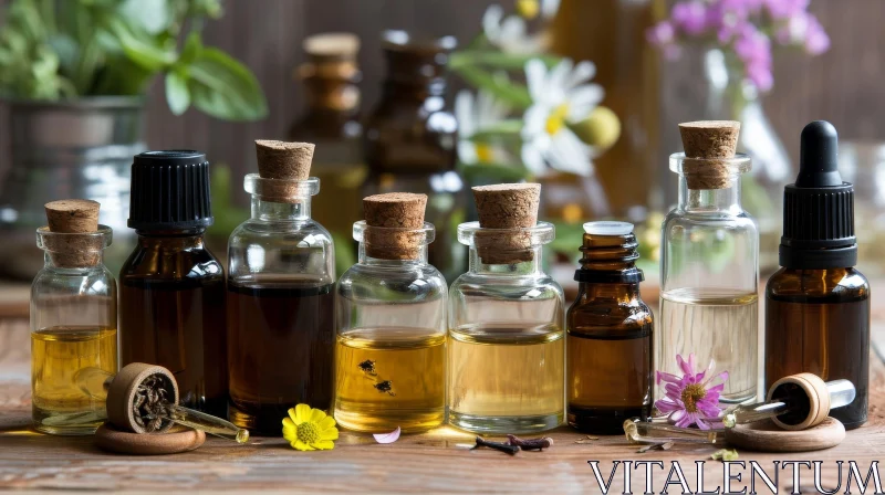 Essential Oil Bottles on Wooden Table - Forest Background AI Image