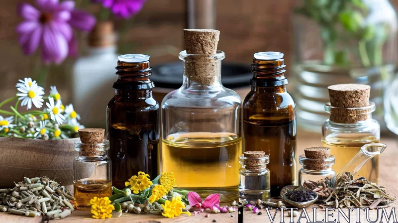 Essential Oils Still Life Composition on Wooden Table AI Image
