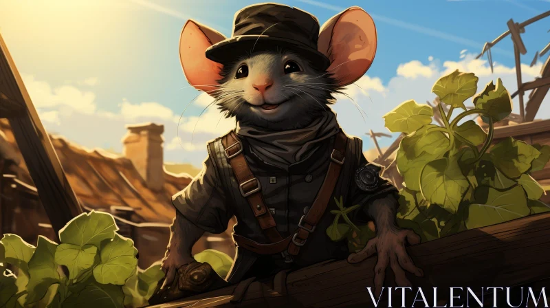 Fantasy Mouse in Military Uniform on Ruined City Fence AI Image