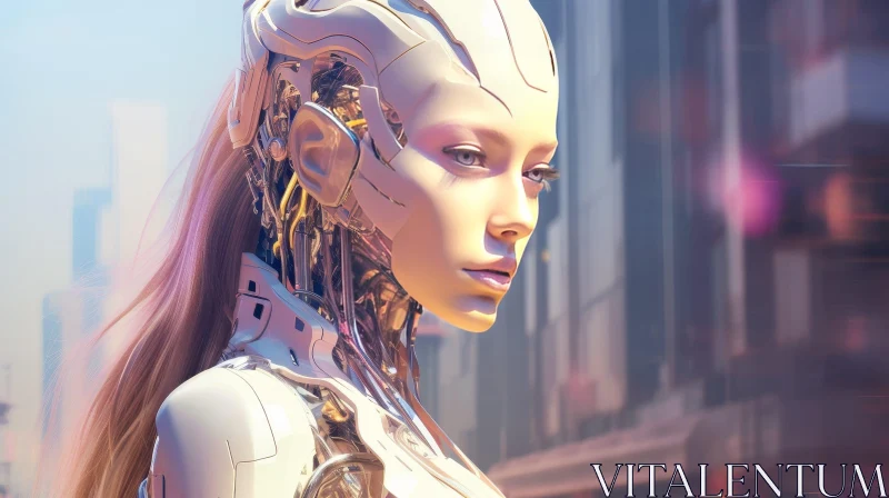 Futuristic Cyborg Woman Portrait in Cityscape AI Image